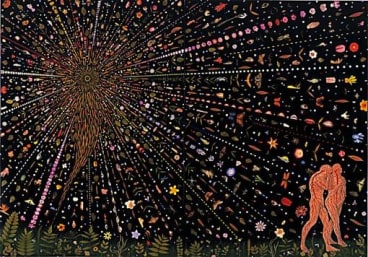 work by Fred Tomaselli resembling Adam and Eve leaving the Garden of Eden