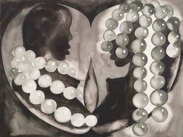 silhouettes of women, one wearing pearls while the other is covered by them