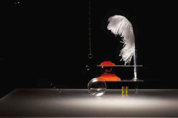 image of a feather pen surrounded by bubbles with a black background