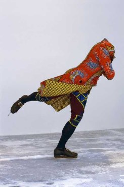 YINKA SHONIBARE, Reverend on Ice, 2005. Life-size fiberglass mannequin, Dutch wax-printed cotton, steel