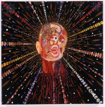 FRED TOMASELLI, Cyclopticon 2, 2003, mixed media, acrylic paint, resin on wood, 24 x 24 x 1 1/2 inches