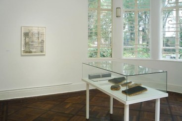 installation view of glass case with work inside it