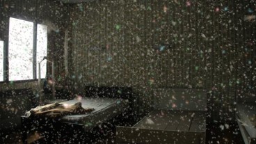 image of bed frames with feather-like particles in the air