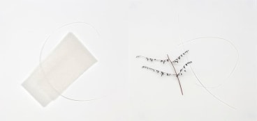 Untitled, 2014, Cotton cloth, branch and paper on paper, Diptych L: 17 1/8 x 17 1/8 inches, 43.5 x 43.5 x 1.3 cm, R: 17 1/8 x 17 1/8 x 2 1/2 inches, 43.5 x 43.5 x 6.4 cm, A/Y#22075