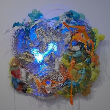 &quot;Humming in 5 Parts,&quot; 2012, Honeycomb cardboard, melted plastics, expanded foam, mild steel rod, fluorescent light, 61 x 61 x 12 inches, A/Y#20617