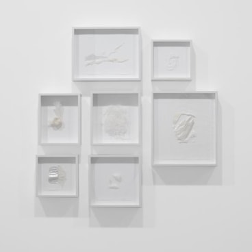 Untitled, 2014, Paper and iridescent medium on paper, Seven parts, overall dimensions variable: A). 12 x 15 1/8 inches (30.48 x 38.42 cm), B). 9 x 9 inches (22.86 x 22.86 cm), C). 11 1/2 x 9 1/4 inches (29.21 x 23.5 cm), D). 12 x 11 inches (30.48 x 27.95 cm), E). 16 1/2 x 14 1/2 inches (41.91 x 36.83 cm), F). 9 1/2 x 9 1/2 inches (24.13 x 24.13 cm), G). 11 1/2 x 11 1/2 inches (29.21 x 29.21 cm), A/Y#22074