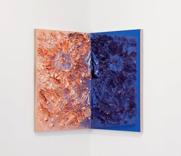 Heart Sutra, 2013, Copper foil, palm leaf, and cardboard on panel and chrome laminate on wood panel, diptych at a 90 degree angle, 27 x 39 inches each, 68.6 x 99.1 cm each, MMG#20813