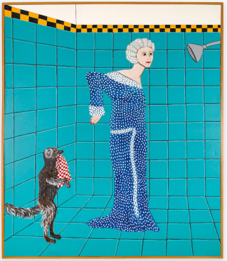 Painting by Joan Brown titled Woman Preparing for a Shower from 1975
