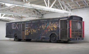 The show is well-situated in the gallery&rsquo;s 14,500 sq ft converted warehouse space, a perfect analog to a custom garage. Pictured: a view of&nbsp;Sterling Ruby&rsquo;s legendary&nbsp;BUS, 2010