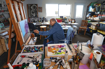 Richard Mayhew in his studio earlier this year.