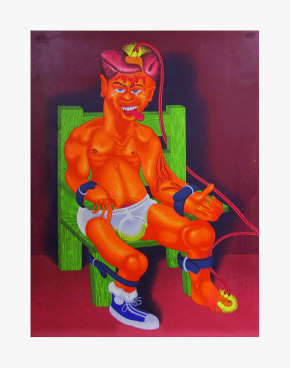 Peter Saul, Charles Starkweather, 1976. Acrylic and ballpoint pen on board; 37 x 28 1/8 in (94 x 71.4 cm)