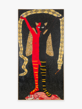 Painting by Joan Brown titled Devil Standing on Fish from 1970