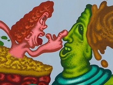 Detail of painting by Peter Saul titled Extraterrestrials in the Art World from 2023