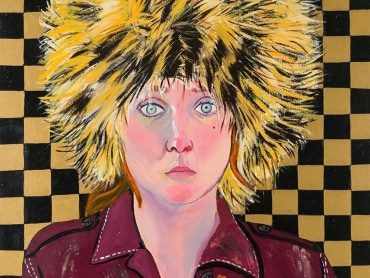 Detail of a painting by Joan Brown titled Self Portrait in Fur Hat from 1972