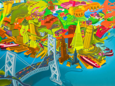 Detail view of painting by Peter Saul titled View of San Francisco from 1979