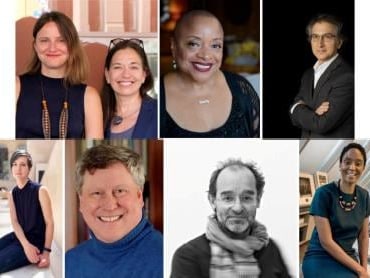 A collage of portraits of 8 people involved in AIPAD Talks