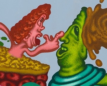 Detail of painting by Peter Saul titled Extraterrestrials in the Art World from 2023