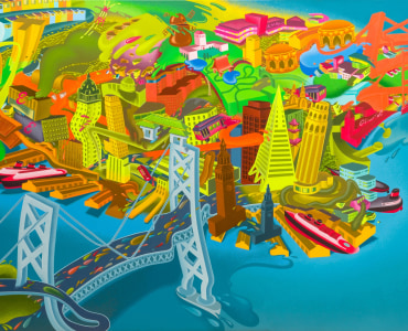 Detail view of painting by Peter Saul titled View of San Francisco from 1979