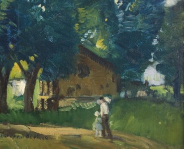 landscape with two figures walking on a path under trees near a house