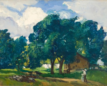 landscape with two figures walking on a path under trees near a house
