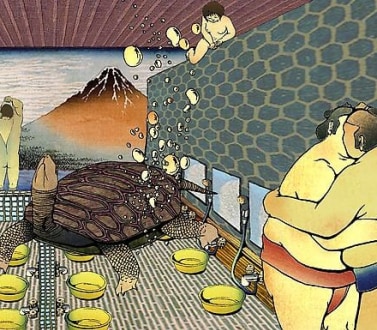 Japanese bathhouse with a giant turtle, a man bathing, and two sumo wrestlers seemingly kissing