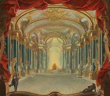 painting of a baroque-style interior with a light emerging from the center 