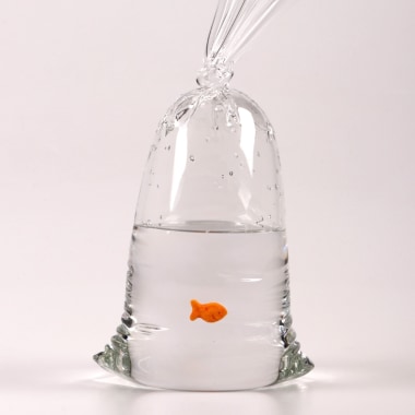 Glass sculpture by Dylan Martinez titled Glass water bag with goldfish, Hollow & solid sculpted glass, approximately 11.5 x 6.5 x 3.75 inches each imagery grouping of three plastic bag of water