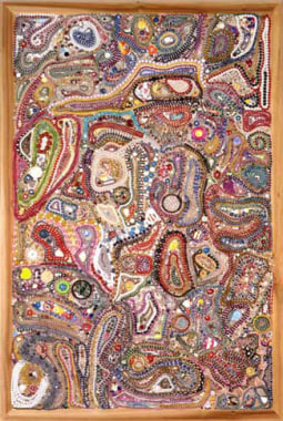 Memory Ware Flat #28, 2001. Paper pulp, tile grout, acrylic, miscellaneous beads, buttons, jewelry on wooden panel, 70-1/4 x 46-1/2 x 4 inches. MP 02-5