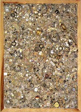 Memory Ware Flat #24, 2001. Paper pulp, tile grout, acrylic, miscellaneous beads, buttons, jewelry on wooden panel, 85 1/2 x 61 x 5 inches. MP 01-04
