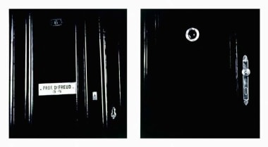 Untitled (diptych - exterior apartment door w/ nameplate and peephole 1938), 2000. Graphite and charcoal on mounted paper, 2 panels, each 66 x 60 inches (167.6 x 152.4 cm). MP D-395