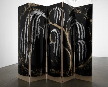Yours, Patsy Cline screen #1, 2010. Acetate, foil, mdf, 5 panels, 85 x 19 x 1 inches (each panel); 85 x 95 x 1 inches (overall). MP 136