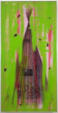 Stephen G Rhodes, Overlooked Xcorcize 6, 2009. Crayon, ink, wax, resin, green paint and collage on board, 84.25 x 42.25 inches (214 x 107.3 cm). MP 2