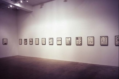 The Inky Depths (installation view), 2005. 26 ink and pencil drawings on paper, 2 airbrushed sheets of fabric, 2 portable stereos, 6 lights, 2 disco balls, dimensions variable. MP 157