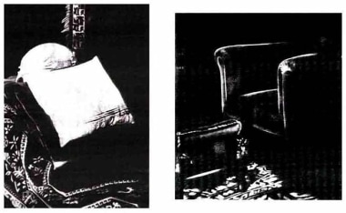 Untitled (diptych- pillow and chair, consulting room 1938), 2000. Graphite and charcoal on mounted paper, 54 x 60 inches and 66 x 48 inches respectively (137.1 x 152.4 cm; 167.6 x 121.9 cm). MP D-394