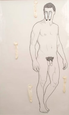 Dream Object (&quot;A cartoon figure had pendulous eyes on an acetate overlay. Also there were used condoms attached so I said it wold be perfect for an aids benefit.&quot;), 2007. Ink, paint and condoms on paper, 47-7/8 x 29-13/16 inches (image) (117.2 x 71.6 cm). MP D-458
