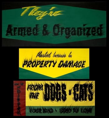 Gary Simmons triptych on paper 'Armed and Organized, Property Damage, Dogs &amp; Cats'