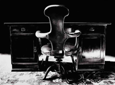 Untitled (desk and chair, study room 1938), 2000. Graphite and charcoal on mounted paper, 68 x 93 inches (172.7 x 236.2 cm). MP D-410