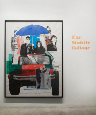 Paulina Olowska, Car Mobile Collage, 2009. Silkscreen on paper and fabric, glue, colored gels, tape, foil, oil marker and crayon, image: 99 x 73.5 inches (251.5 x 186.7 cm); framed: 103 1/4 x 77 7/8 inches (262.3 x 197.8 cm). MP D-43