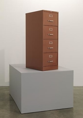 Untitled, 2011. Staples Brown four-drawer file cabinet with powder coated metal flake finish,file cabinet - 52 x 27 1/2 x 18 inches / 132.1 x 69.9 x 45.7 cm; plinth - 33 1/4 x 62 1/4 x 46 3/4 inches / 84.5 x 158.1 x 118.7 cm.
