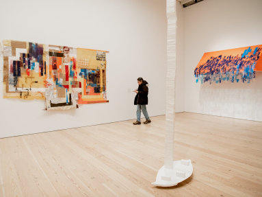 Tomashi Jackson’s “Hometown Buffet-Two Blues (Limited Value Exercise),” left, and “Third Party Transfer and the Making of Central Park (Seneca Village — Brooklyn 1853-2019),” right, are as much about abstraction as racial politics. Olga Balema’s Styrofoam “Leaf” is at center. Credit: Vincent Tullo for The New York Times