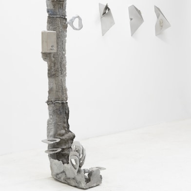 abstract standing sculpture, metal 