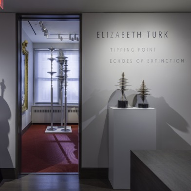 exhibition title on gallery wall with three stainless steel sculptures through the doorway and two bronzes on a pedestal