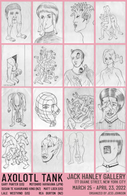 Various small pencil drawings of disfigured humans