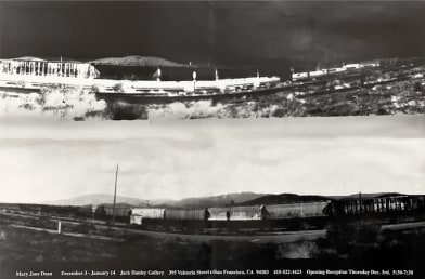 Panoramic of train passing by, with photographic negative, poster