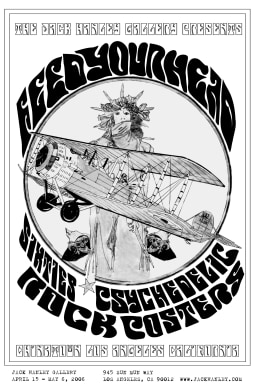 Black and white poster, showing biplane flying across woman