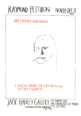 Drawing of girl smoking, reading 'my stoner girlfriend, I know where she is by the glow of her cigarette'