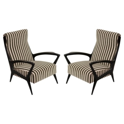 Mid-Century Black Lacquered &amp; Upholstered Lounge Chairs