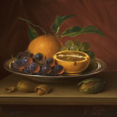 George Forster (1817–1896), Still Life with Fruit, Nuts and Fruit Flies, 1871, oil on canvas, 9 7/8 x 12 in. (detail)