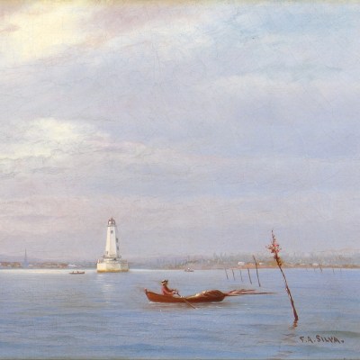 Francis Augustus Silva (1835–1886), Robbin's Reef Lighthouse off Tompkinsville, New York Harbor, c. 1880, oil on canvas, 9 x 18 in. (detail)
