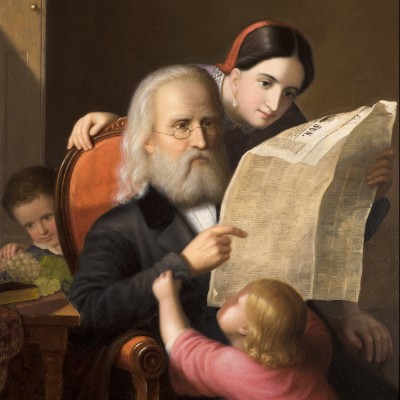 An intimate family scene showing an elderly man reading the newspaper with his daughter while his grandchildren try to distract him (detail).